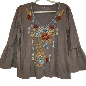 Caite Handmade Taupe Embroidered Bell Sleeve Top Size XL Stretch Boho Babydoll